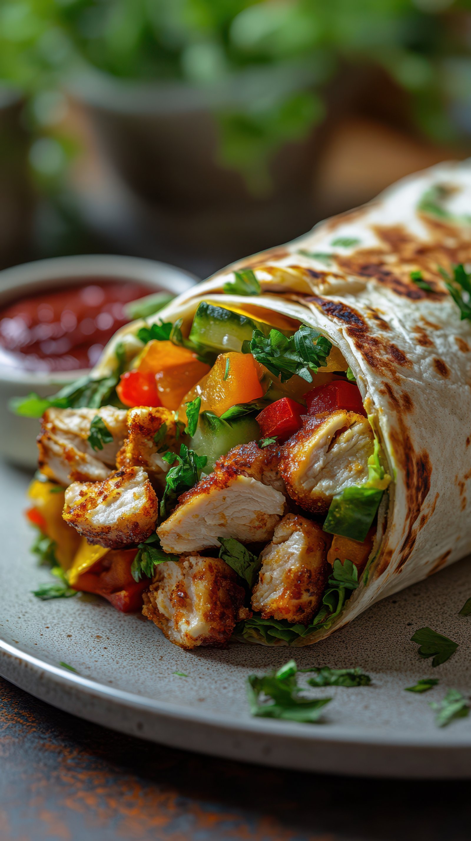 Delicious grilled chicken wrap filled with fresh vegetables served on a plate